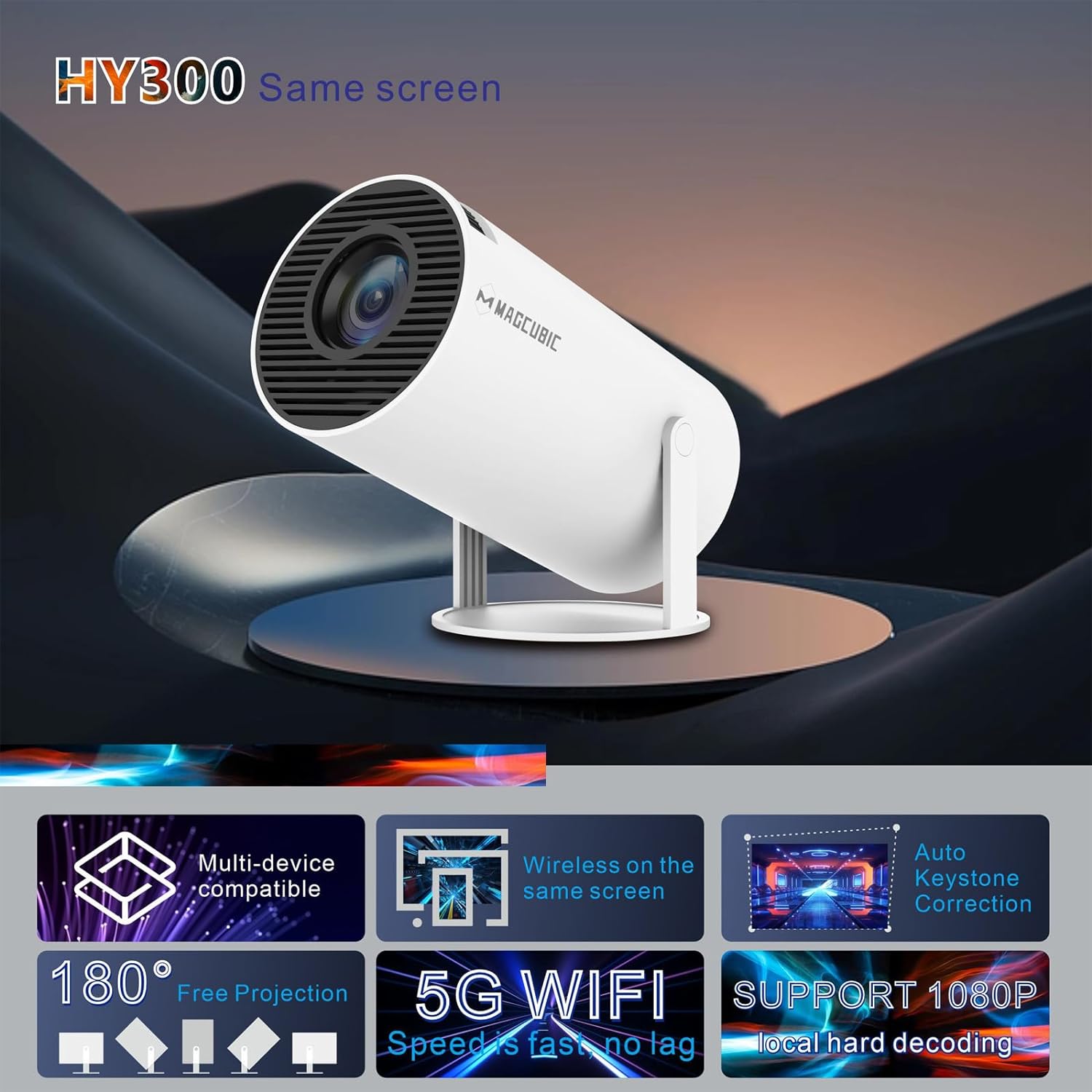Magcubic HY300 Portable 4K Projector - WiFi6, Android 11, Bluetooth 5.0 - Ultra-Sharp Imaging, Smart Connectivity, Superior Audio