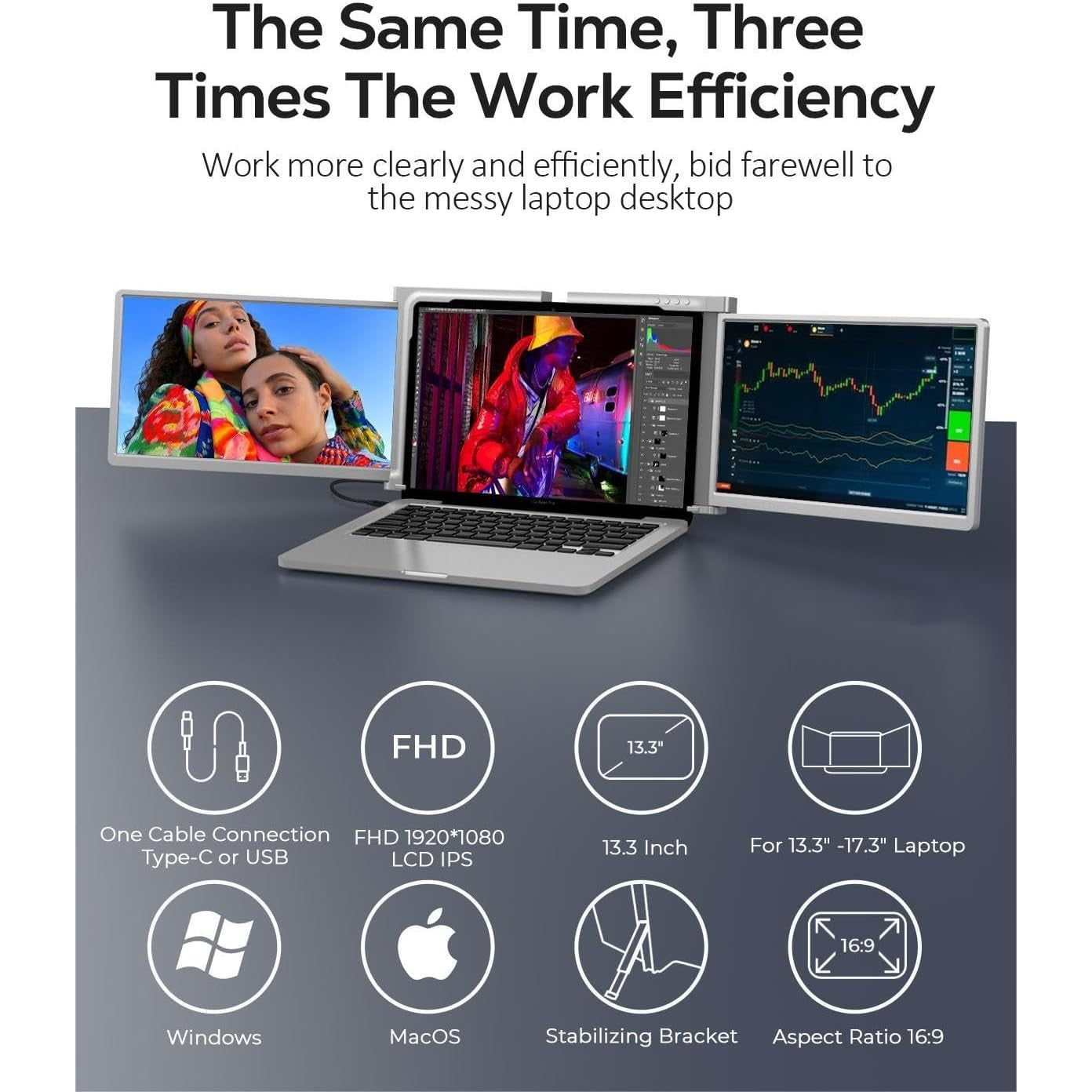 13.3 inch Trifold Portable Monitor 1080P IPS FHD Laptop Screen Extender For Laptop - Grey (Au Version) - Excellent Refurbished Trion