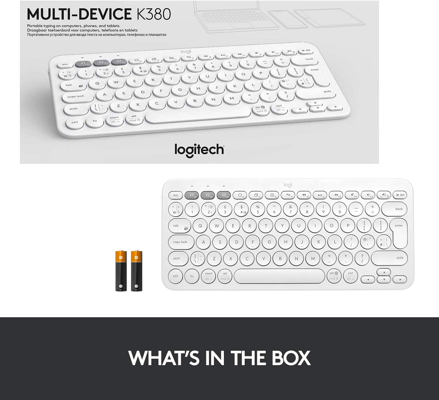 Logitech K380 Multi-Device Bluetooth Wireless Keyboard with Easy-Switch for Up to 3 Devices - White