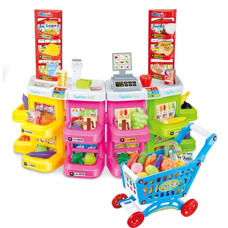 Toy cash register playset for kids featuring lights, music, and a simulated supermarket experience.