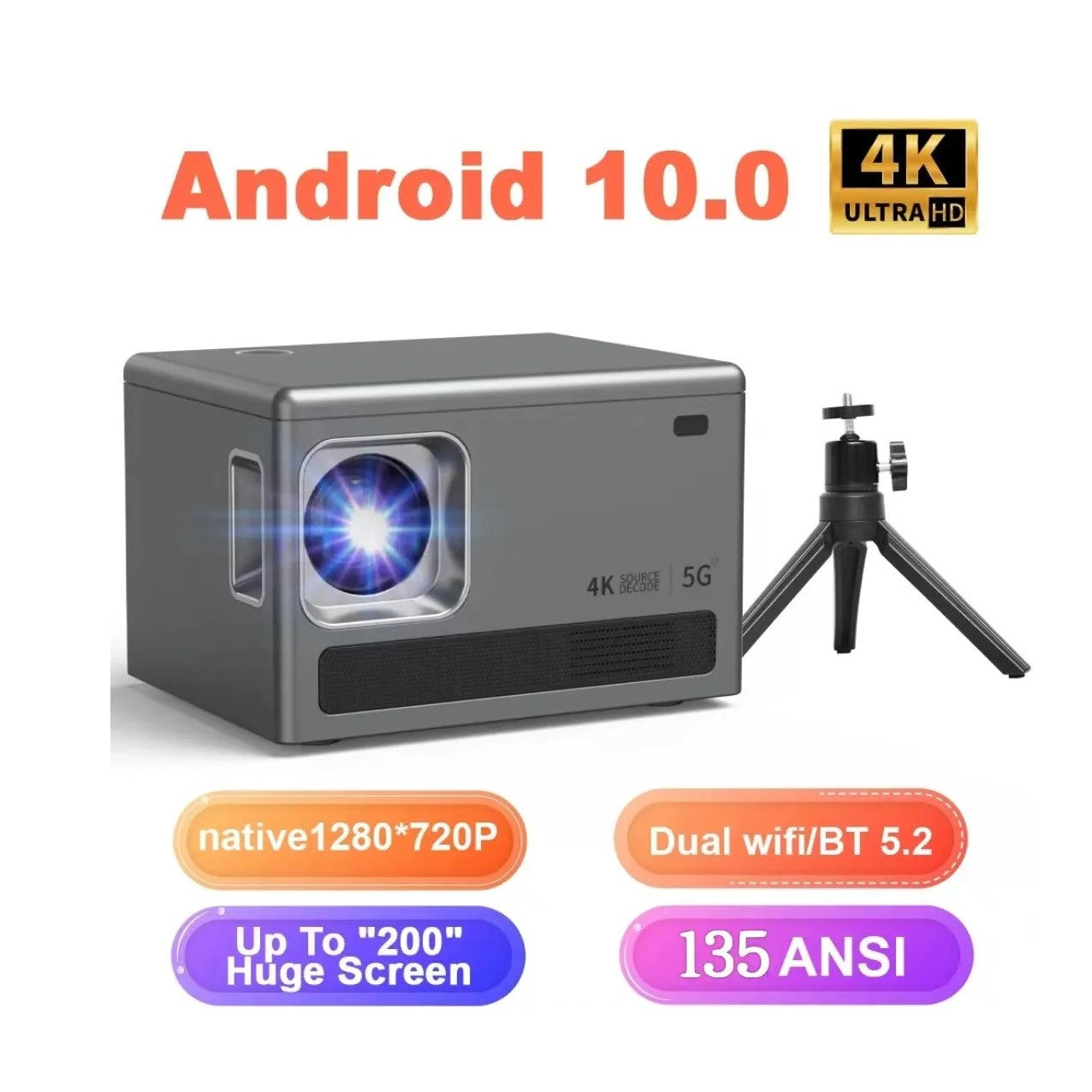 Transpeed S2 Smart Portable Projector - Dual Wifi Speaker - Native 1280*720P, 4K Support - Android 10.0 - BT 5.2 - 200'' Screen Projection