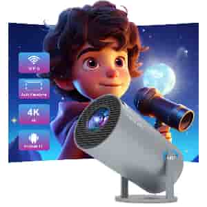 Projector with animated character holding a telescope against a space-themed background