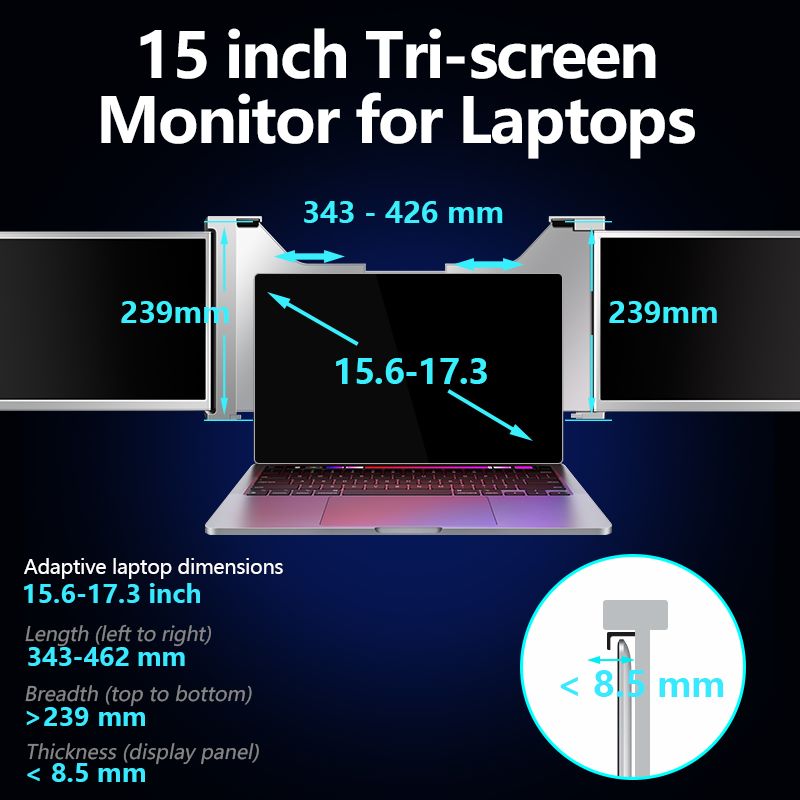 Dual Portable Triple Fold 1080P IPS FHD Monitor Screen Extender For Laptop 15.4 inches - Space Grey Tristar