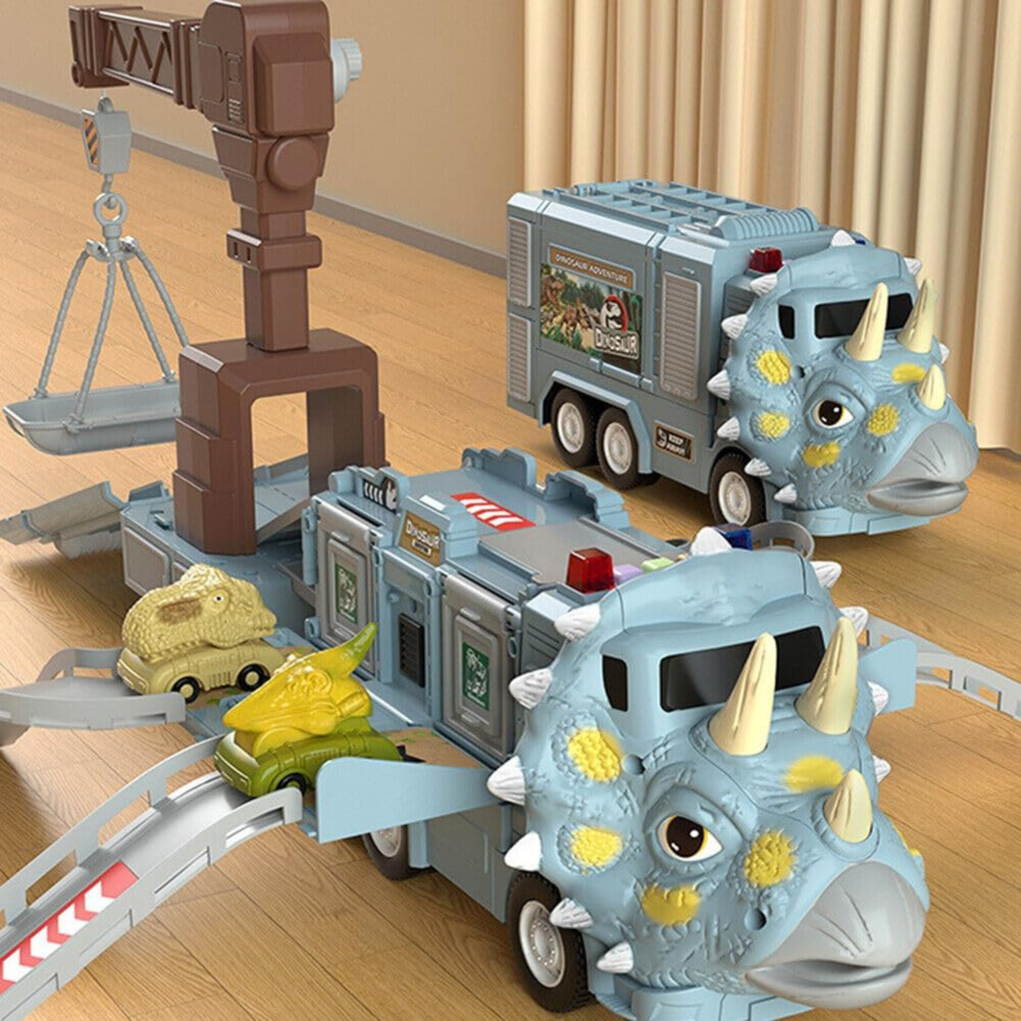 Car Educational Dinosaur Toy with Light, Triceratops Deformation Track Inertia Music, and Puzzle Parking Lot - Grey Tristar