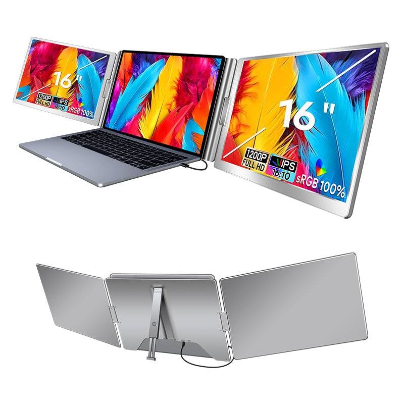 TRION TRIFOLD 16" triple‑screen layout running trading charts, news feed and order book.
