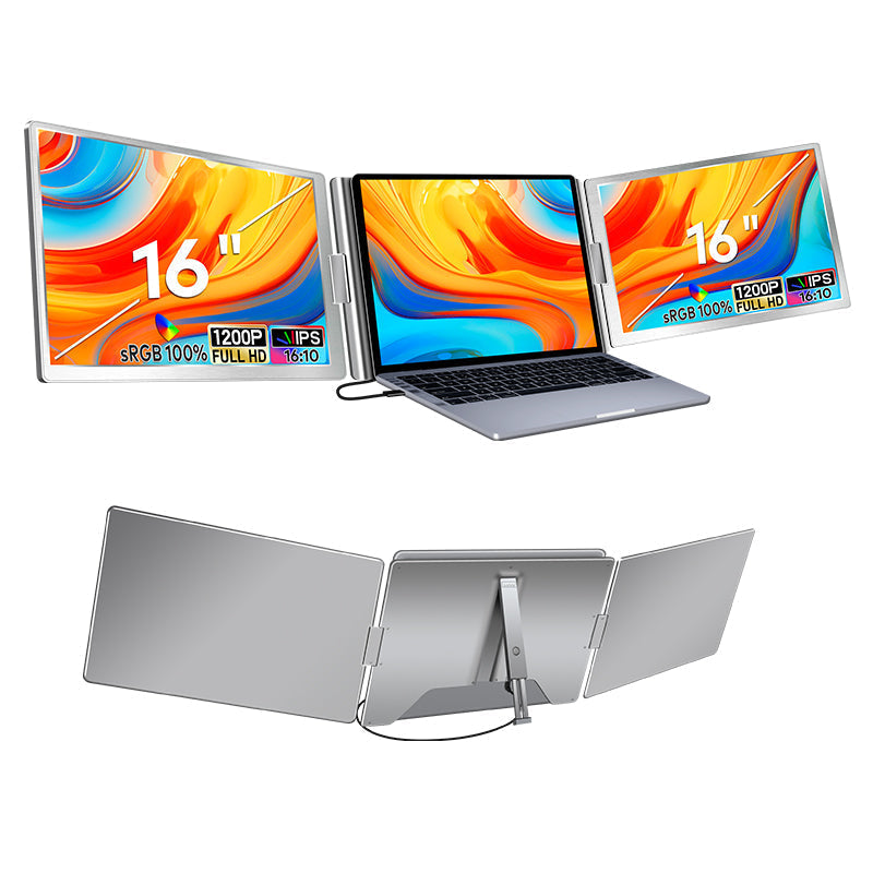 Close‑up of the space grey finish and TRION logo on the back of the trifold monitor.