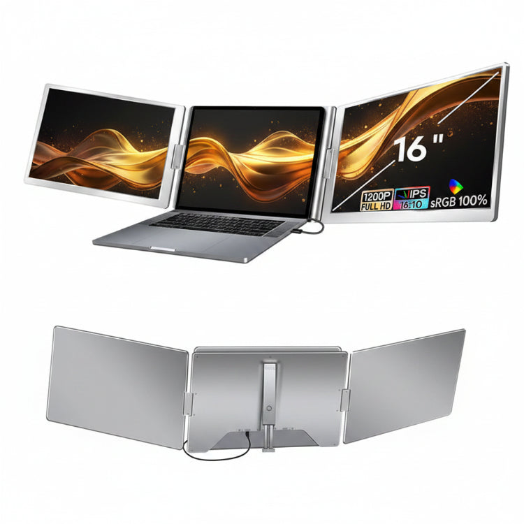 TRION TRIFOLD 16‑inch used for video editing with timeline on one side panel and preview window on the other.