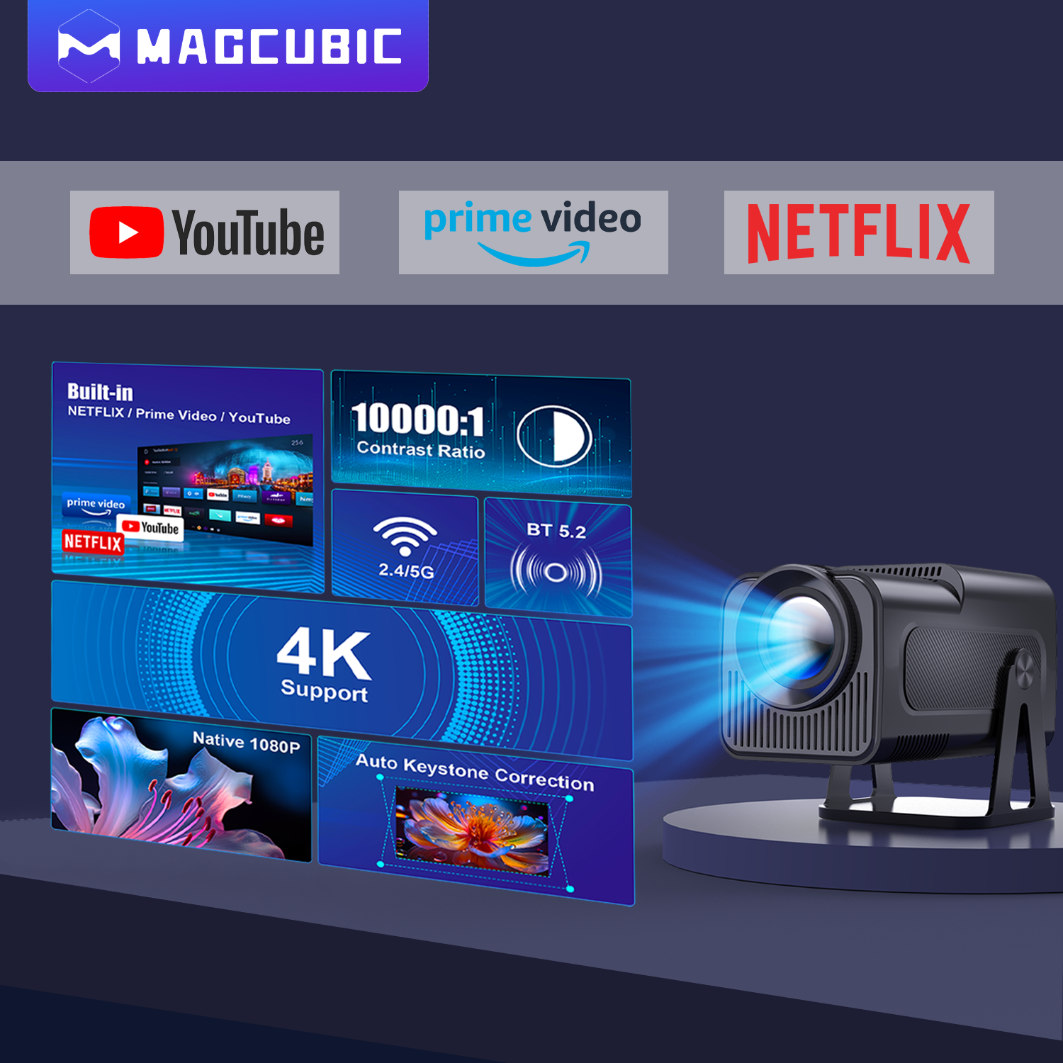 Magcubic HY320 NTV Netflix Officially Licensed Android 13 Projector with 1080P 500ANSI Prime Video YouTube WIFi BT5.2 Portable