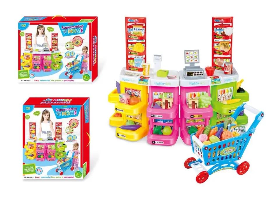 Toy cash register playset for kids featuring lights, music, and a simulated supermarket experience.