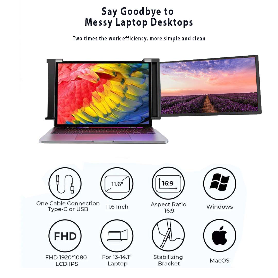 Trion 11.6" Laptop Monitor Extender 1080P IPS FHD Portable Laptop Dual Screen Extender - Black