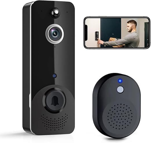 M8 Smart Wireless Video Doorbell – 720P HD, WiFi Remote Monitoring, PIR Motion Detection, Two-Way Audio, Night Vision – Aiwit App – Black