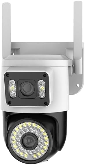 KOMOR Dual Lens 1080P WiFi Security Camera – 2MP Dual Camera with Motion Tracking, Night Vision, Two-Way Audio, IP66 Waterproof, Supports 2.4G/5GHz WiFi – White & Black