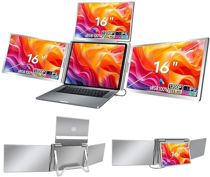 Trion 16" FHD Portable Monitor Quad Screen with One-Cable Triple Display Screen Extender for Laptops (Win10+, Mac M1/M2/M3
