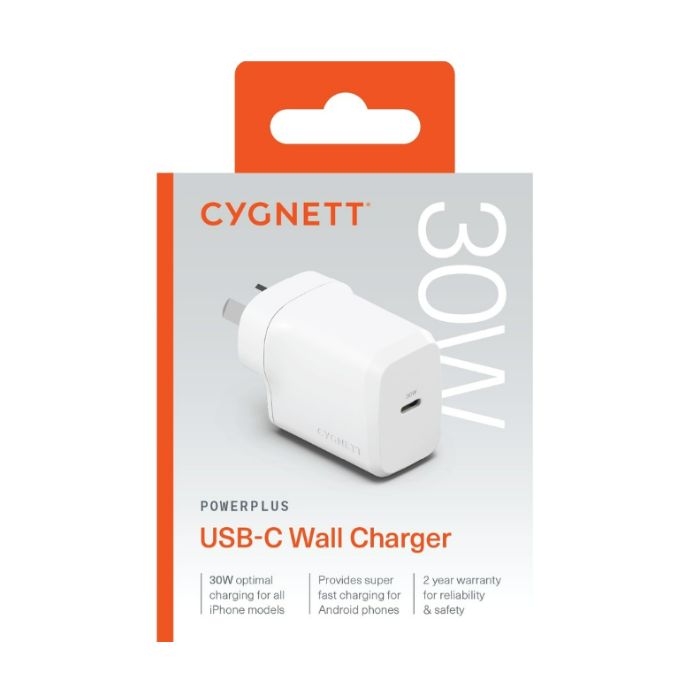 CYGNETT 30W GaN USB-C Wall Charger - White - (Au Version) - Box Damaged