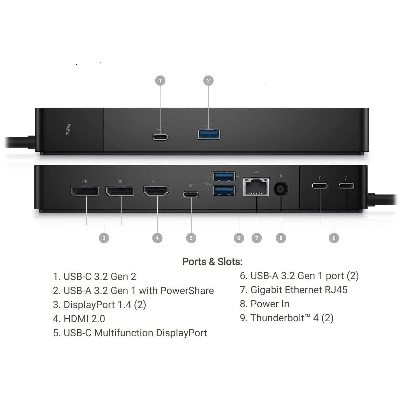 Dell WD22TB4 Thunderbolt 4 Dock - Dual Thunderbolt 4, HDMI 2.0, DP 1.4, USB-C, USB-A, Gigabit Ethernet, 5K Display Support