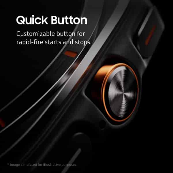 Close-up of a customizable quick button with metallic finish on a dark background