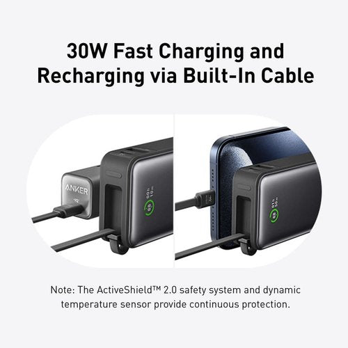 Anker Nano 10K 30W Power Bank with Built-In USB-C Cable – 10000mAh – Black