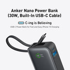 Anker Nano 10K 30W Power Bank with Built-In USB-C Cable – 10000mAh – Black