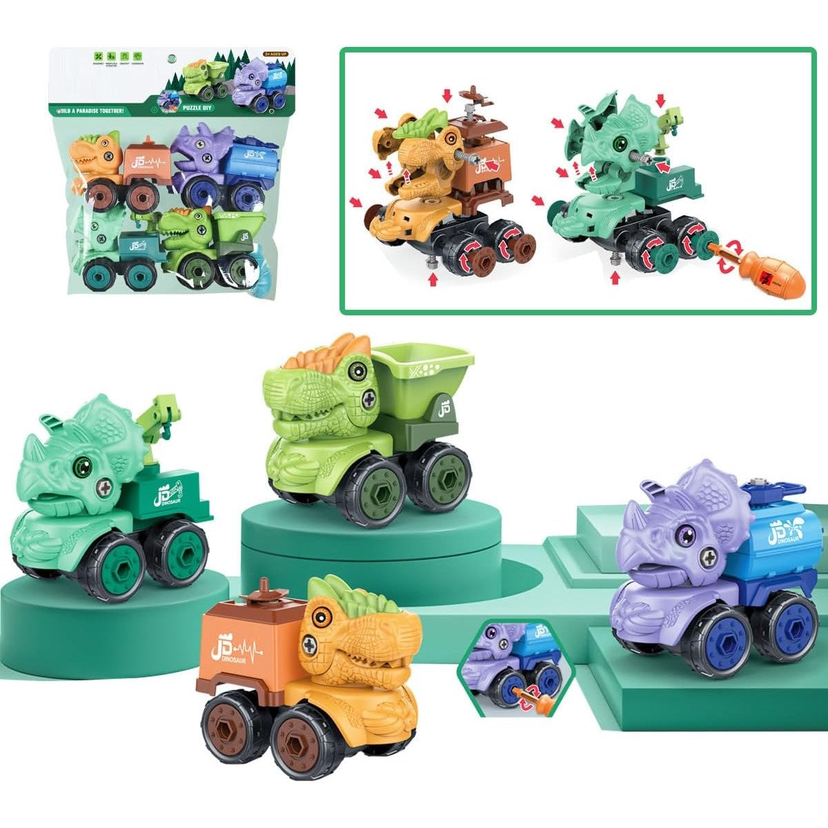 Dinosaur Take Apart Toy Set - Educational Jurassic Construction Toys with Drill for Kids - Puzzle Disassembly, Dinosaur Car Series