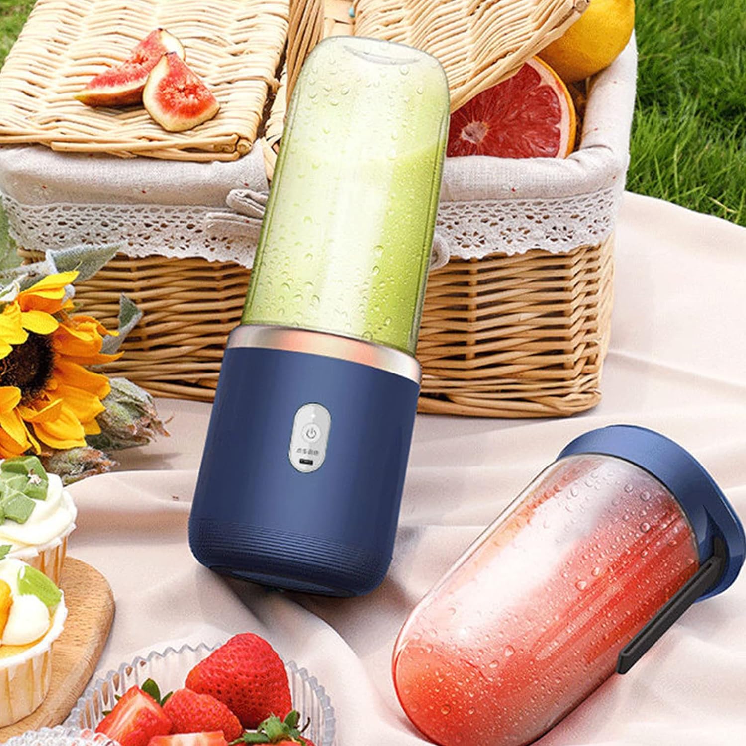 Portable Electric Juicer Double Cup Multi-functional USB Rechargeable Fruit Juice Mixer - Blue ( Open Never Used )