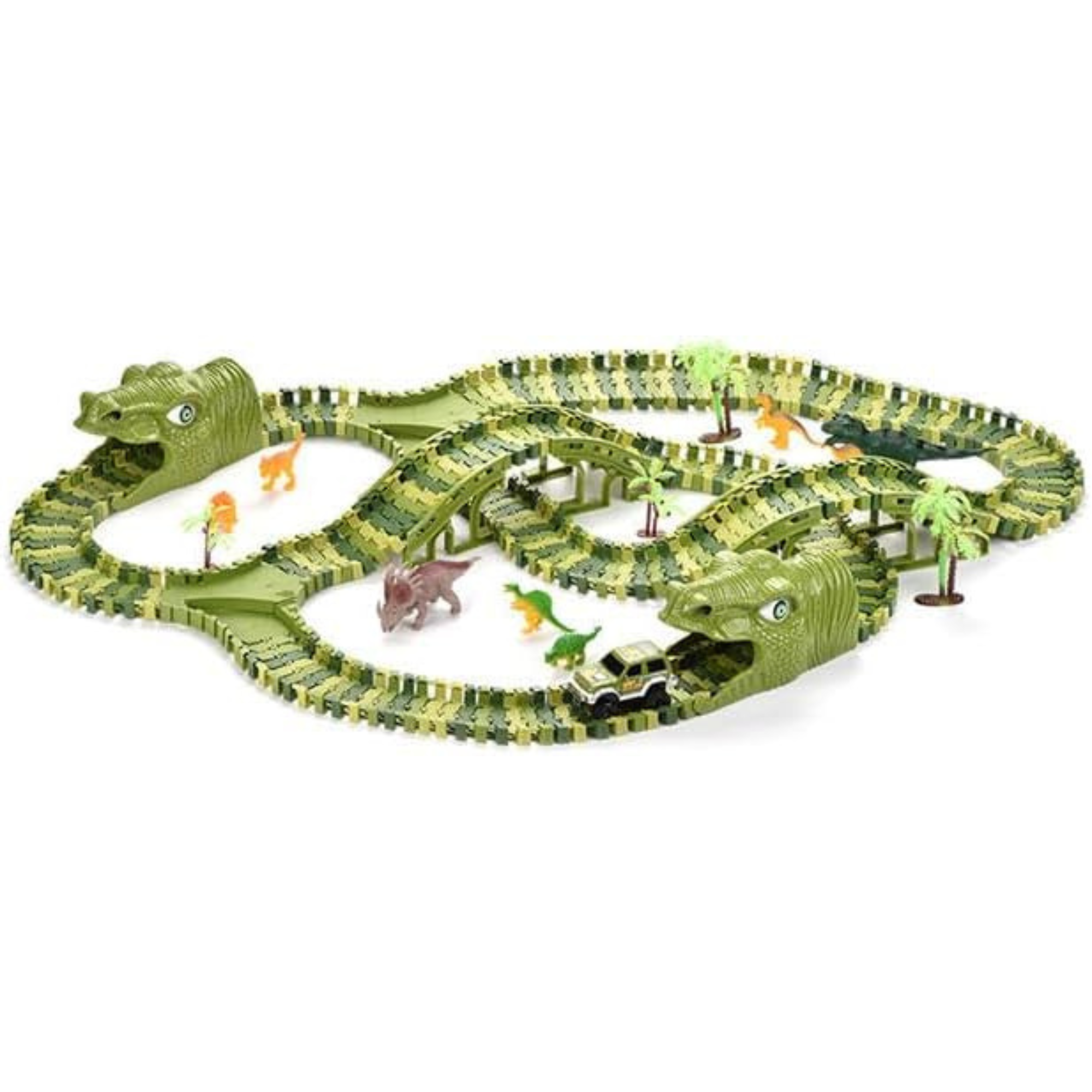 Electric Car and Dinosaur Track Toy Set - Build Your Own Car Track and Explore Dinosaur Paradise - Green