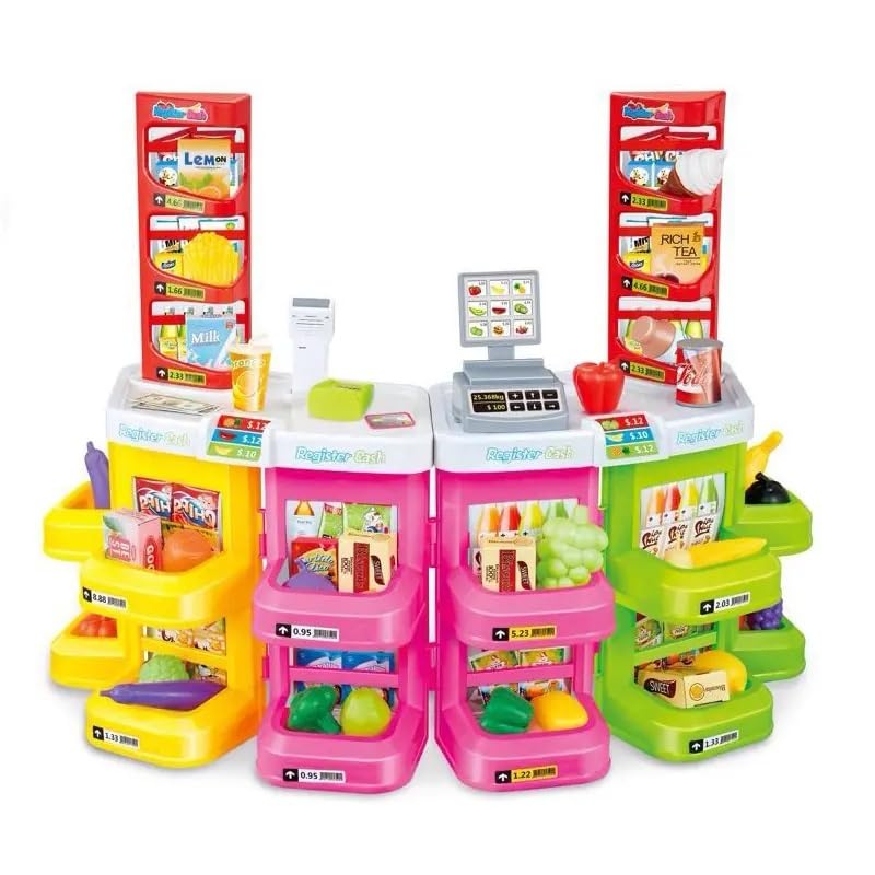 Toy cash register playset for kids featuring lights, music, and a simulated supermarket experience.