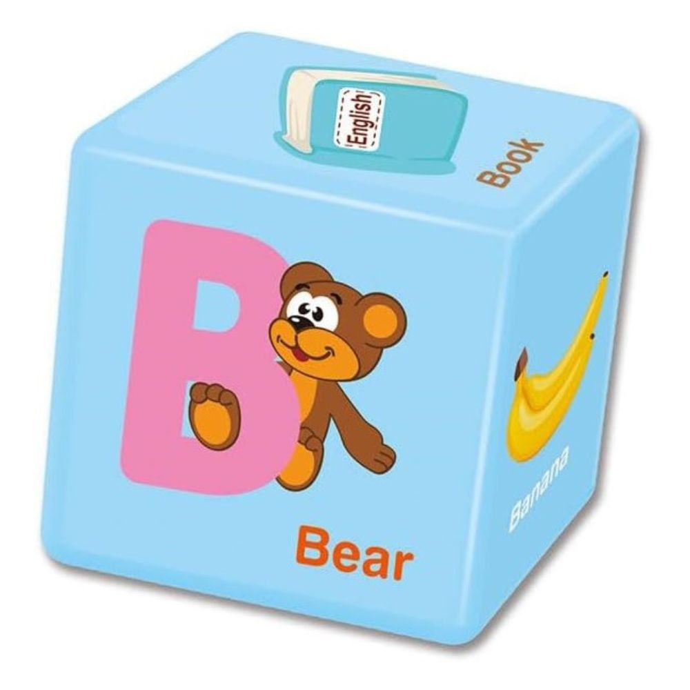 Alphabet cube blocks shown flat displaying letter sides