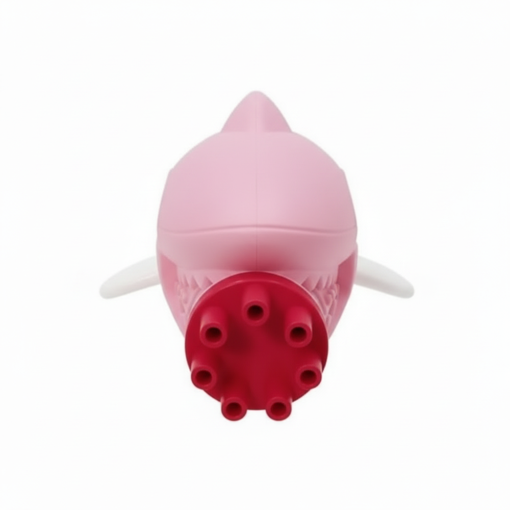 Shark bubble gun shown upright producing bubbles