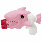 Shark bubble gun shown front view with bubbles in air