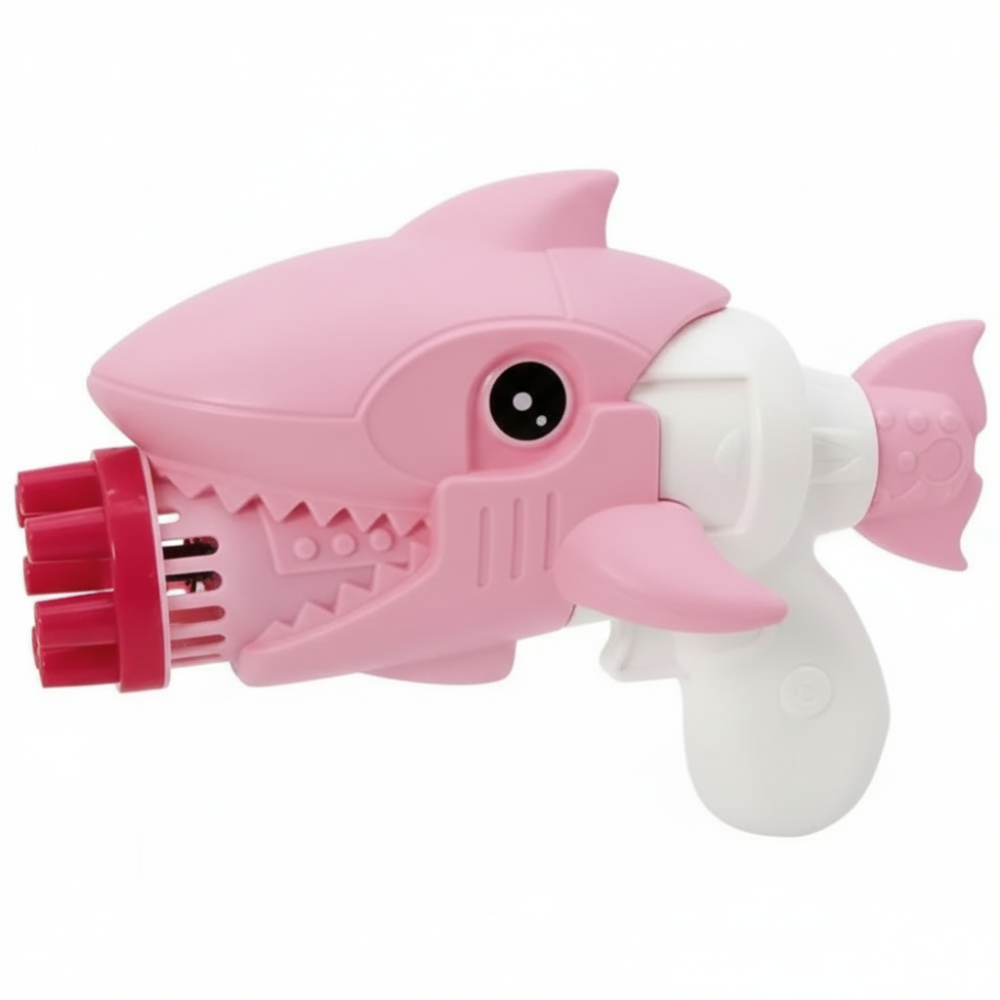 Shark bubble gun shown front view with bubbles in air