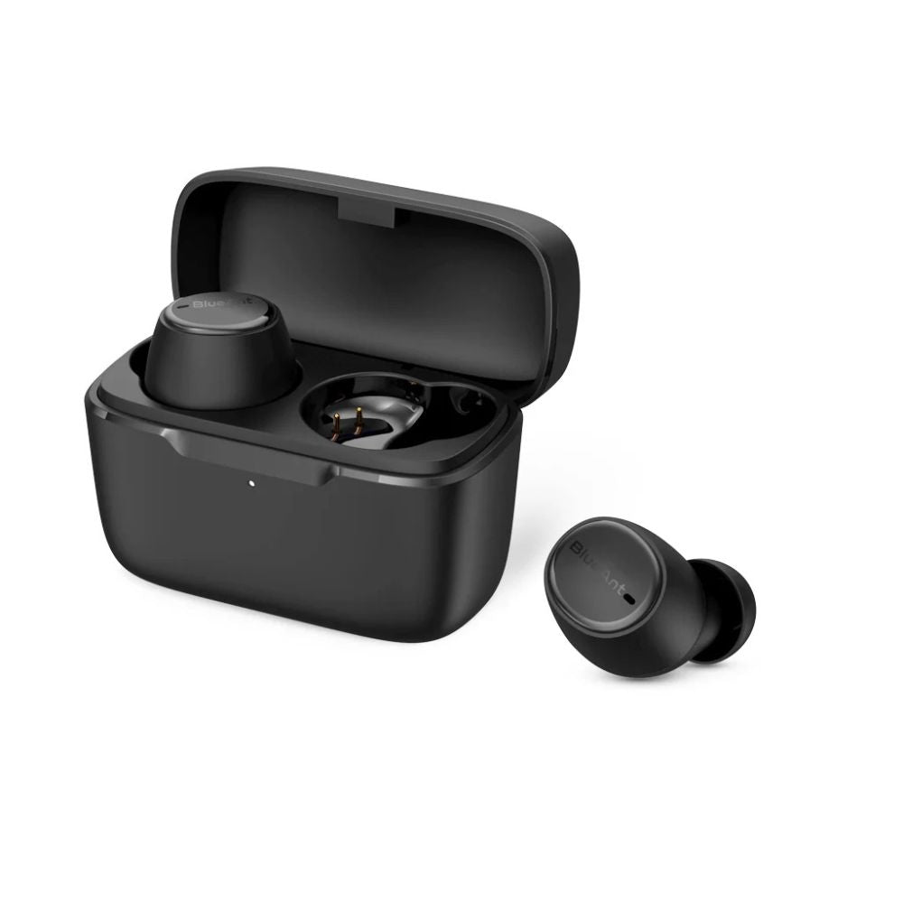 Slate black Pump Air Lite 2 earbuds on neutral background, case visible