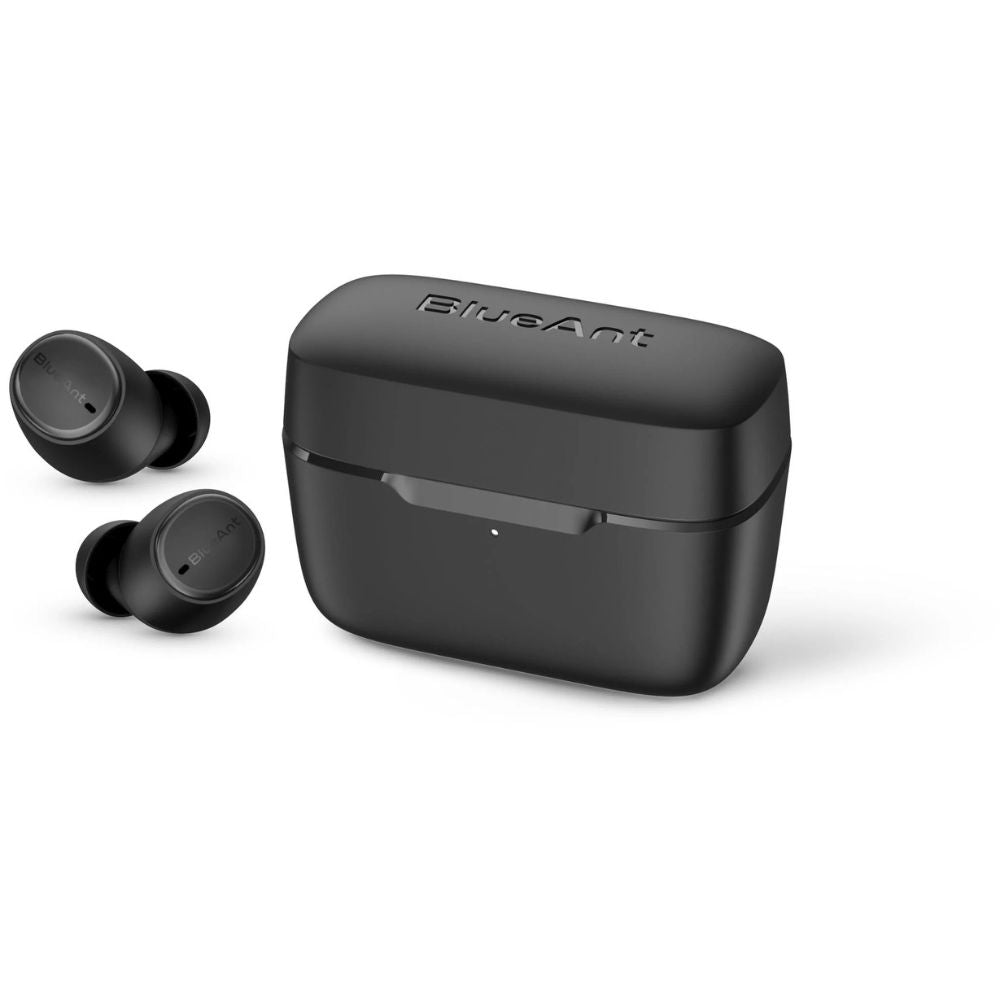BlueAnt Pump Air Lite 2 black earbuds and open charging case view
