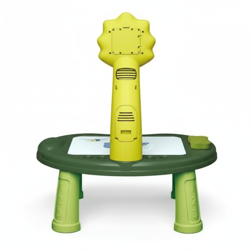 LED projector table shown upright with visible dinosaur graphics and board