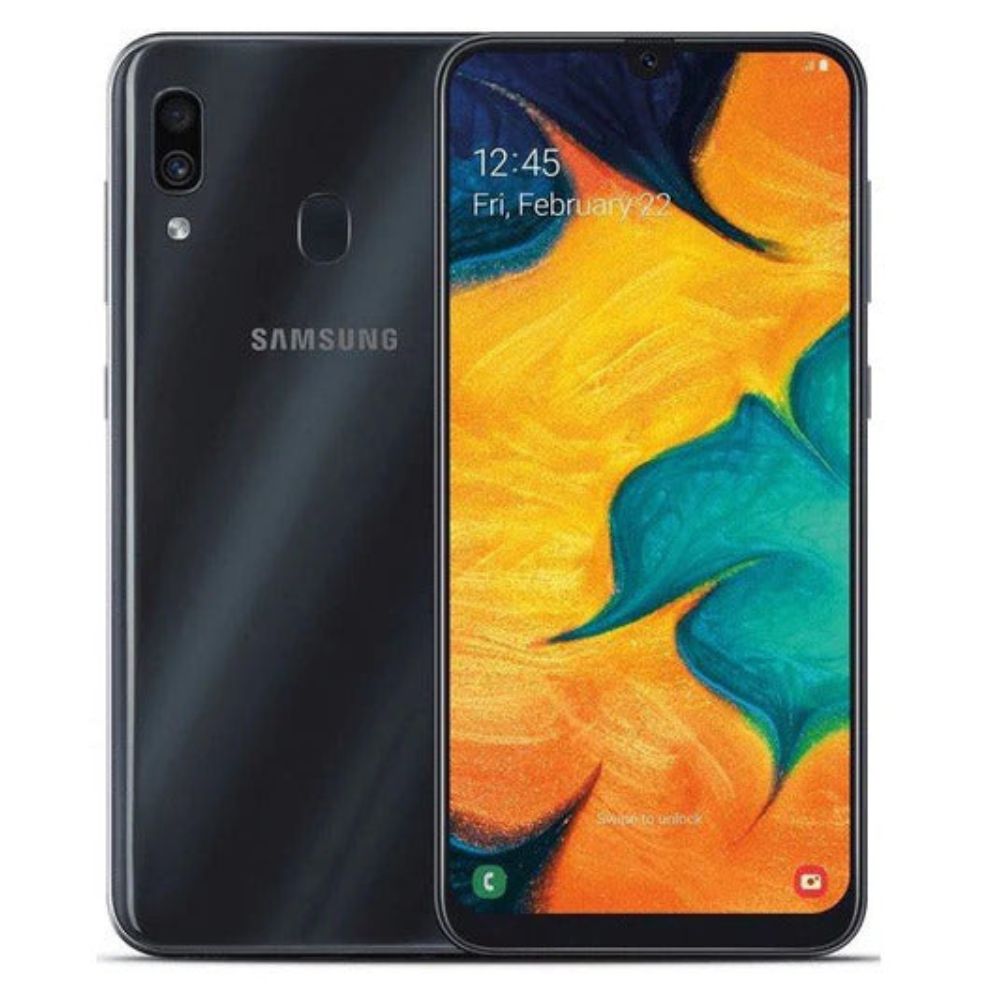 Samsung Galaxy A30 in black, showing display and back