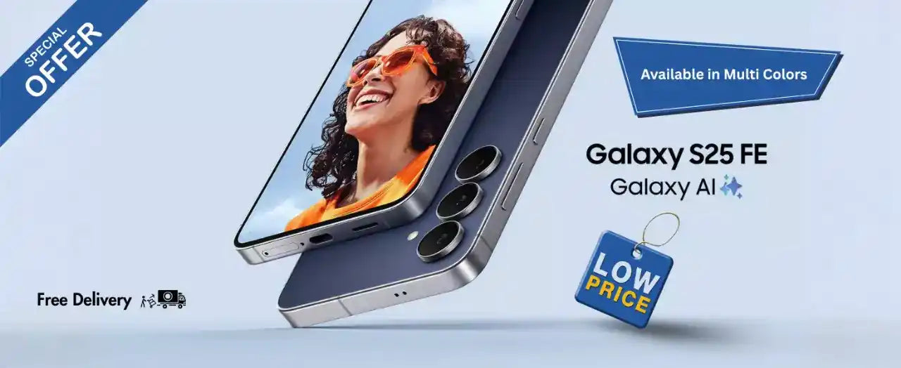 Samsung Galaxy S25 FE phone with promotional text on a light blue background