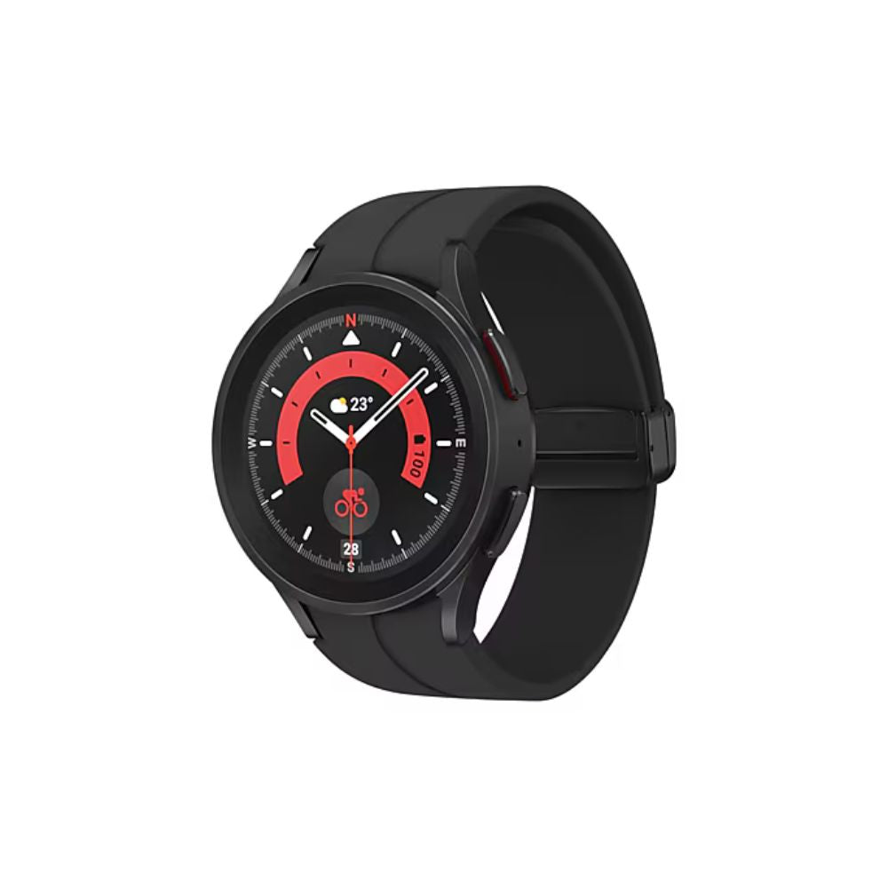 Black Galaxy Watch 5 Pro displayed at slight tilt showing watch face and buttons