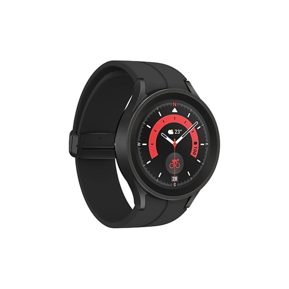 Black Samsung Galaxy Watch 5 Pro shown at angle highlighting bezel, screen, and strap