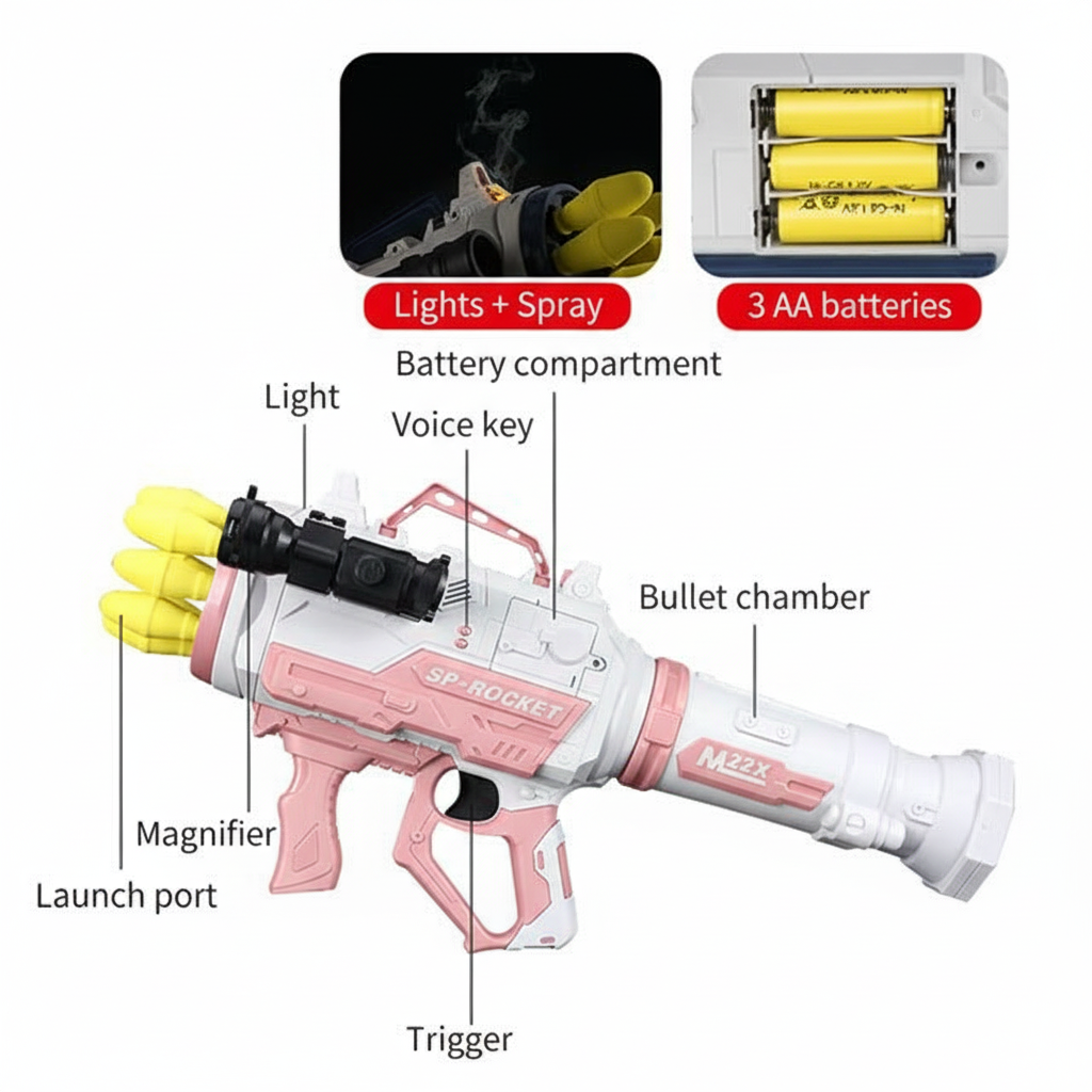 Electronic Toy Gun with Realistic Sound and Light Effects - Soft Bullet Bazooka Rocket Launcher