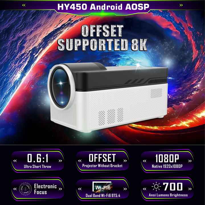 Magcubic HY450 8K Projector – 900ANSI Ultra Short Throw, 1080p, Allwinner H716, Bluetooth 5.4, WiFi 6, Auto Offset &amp; Electronic Focus, Dual Speakers