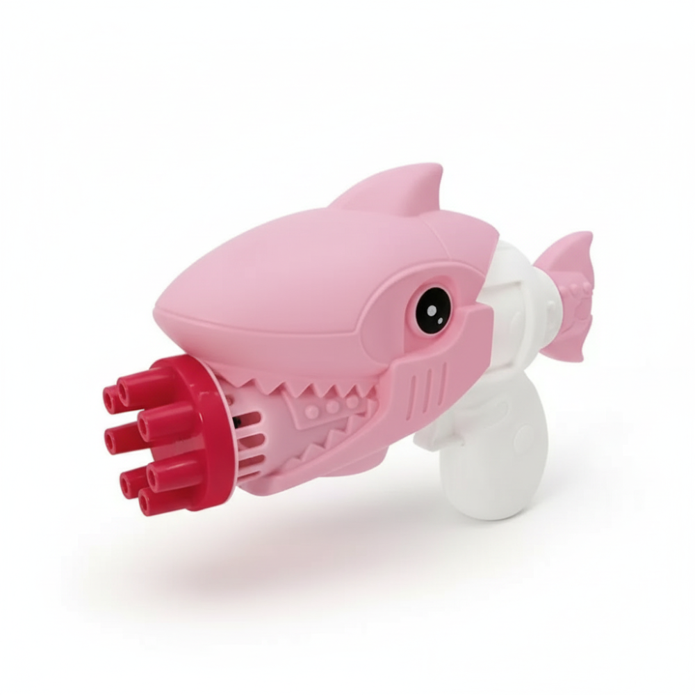 Shark bubble gun shown front-side with bubbles visible