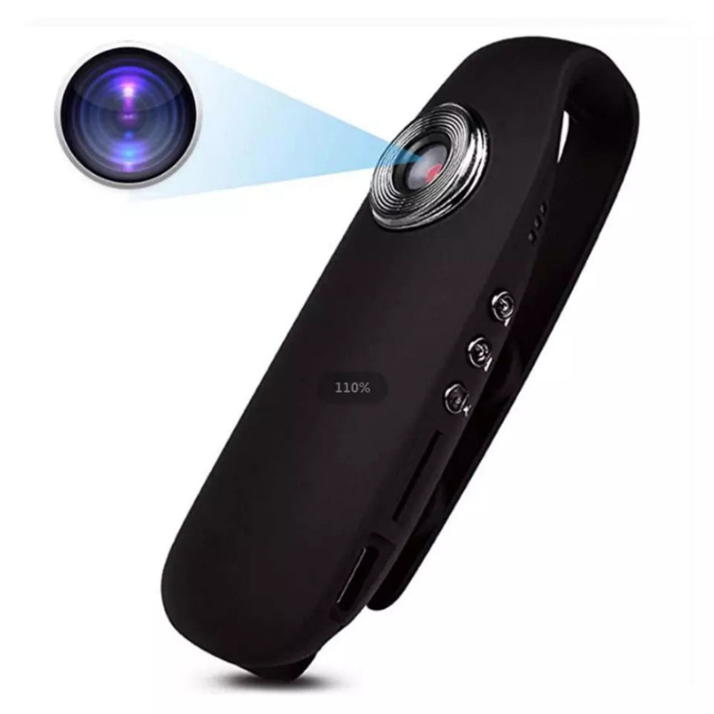 Mini DV clip camera, black, showing compact size