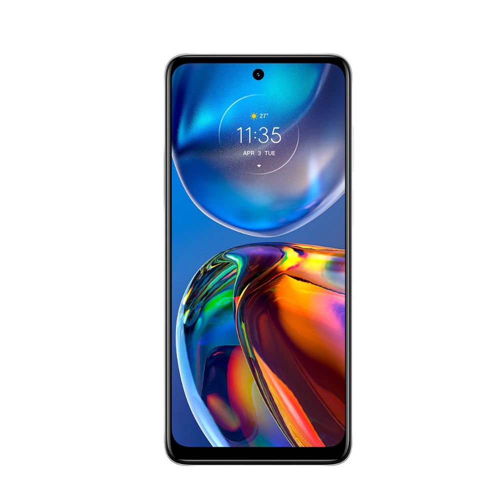 Motorola E32 misty silver phone on neutral background