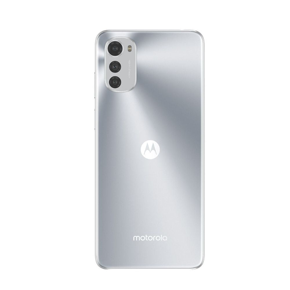 Motorola E32 misty silver shown upright