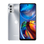 Motorola E32 misty silver angled with screen visible