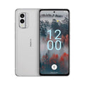 Upright view showing Nokia X30 Ice White screen and silver-white frame