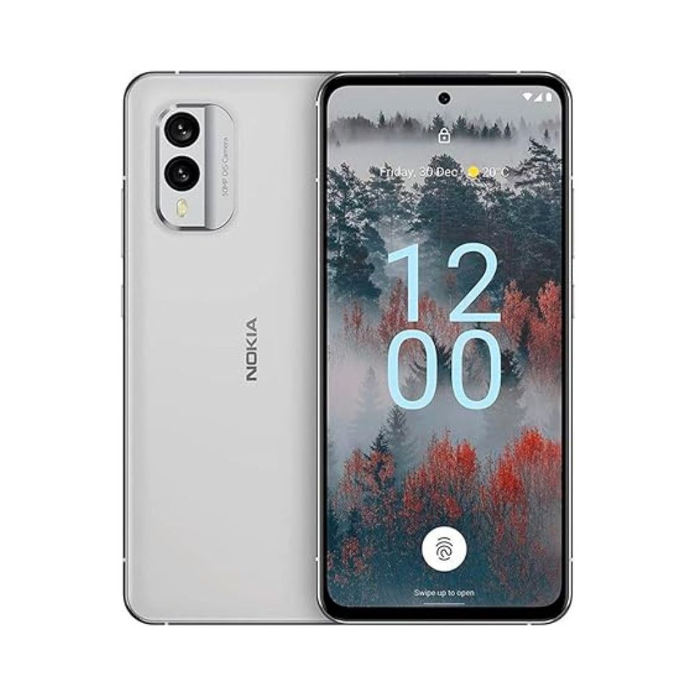 Upright view showing Nokia X30 Ice White screen and silver-white frame