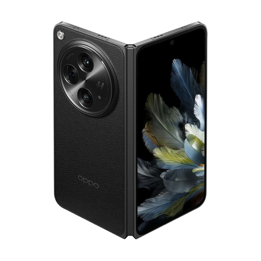 Front view of OPPO Find N3 black fully open showing large AMOLED screen