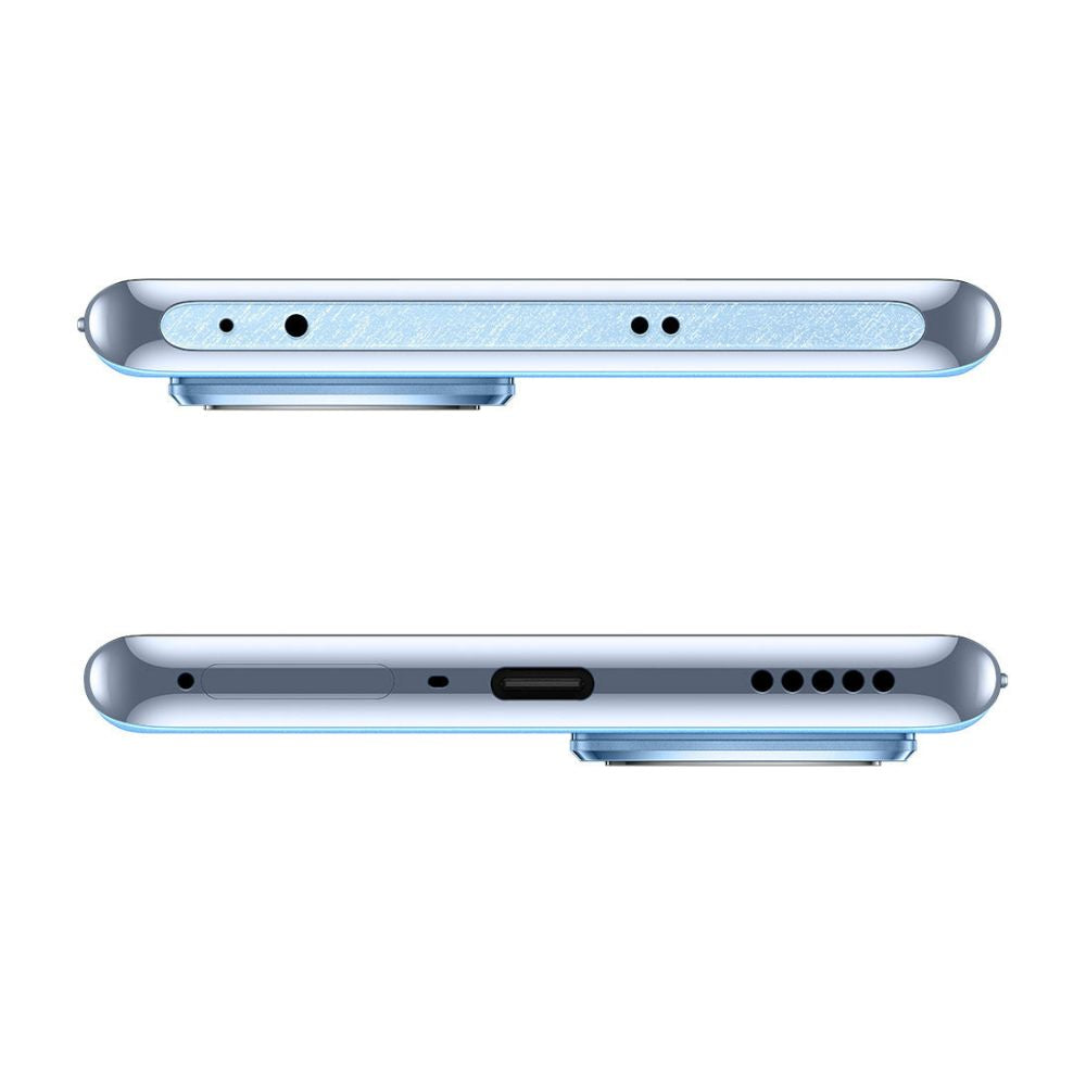 Ice blue OPPO Reno10 phone angled on white background