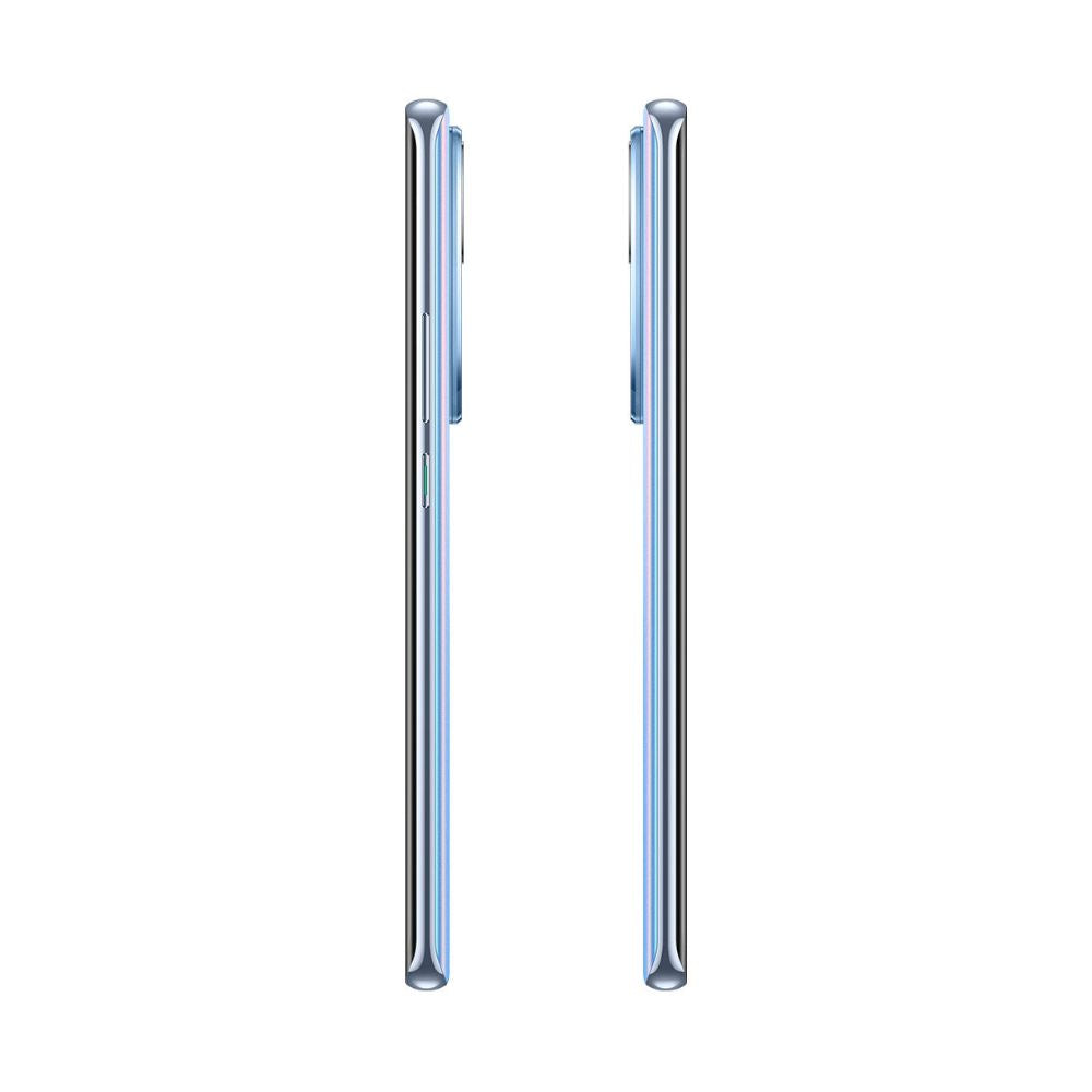 Ice blue OPPO Reno10 handset angled display