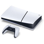 PlayStation 5 Digital Edition Slim console angled with controller